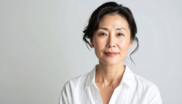日本人女性, 40代後半, 朝の洗面所で保湿ケア, 清潔な白いシャツ, 柔らかい自然光, 健康的な肌, スキンケア広告風 Japanese woman in her late 40s, moisturizing in morning bathroom, clean white shirt, soft natural light, healthy skin