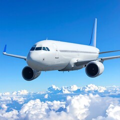 Obraz premium A white airplane flies through a clear blue sky above fluffy clouds