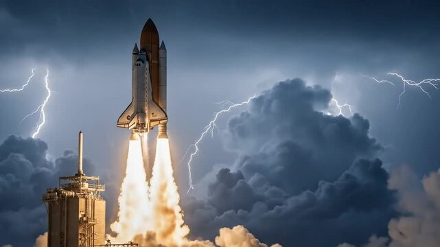 Powerful rocket launching from a launchpad into a dramatic stormy sky with lightning, symbolizing ambition and space exploration.
