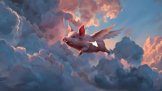 Flying Pig Soaring Through Epic Sunset Clouds Digital Art