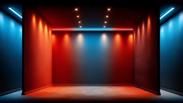 A futuristic interior with blue and red walls, a central red chamber, and multiple lights