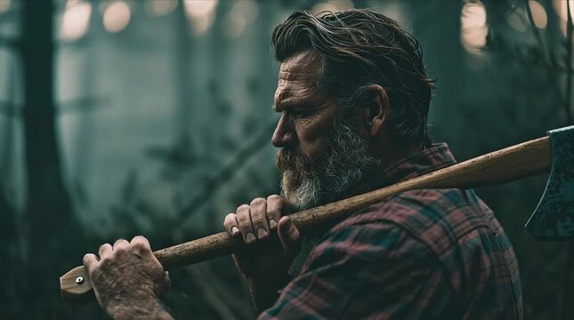 Man with axe walks in forest during golden hour while trees surround him