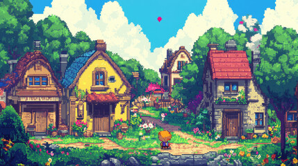 Obraz premium A charming, pixelated village scene, rendered in a picturesque, inviting aesthetic AI Generative