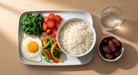 Nutritious Plate: Egg, Rice, Spinach, and Dates