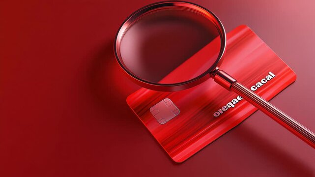 Close view of a red card and a magnifying glass on a red background, highlighting the card details at a tabletop