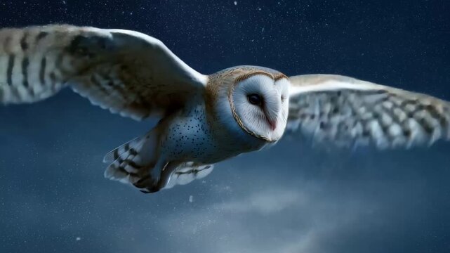 Barn owl flying through the night sky near a forest with stars visible in the background