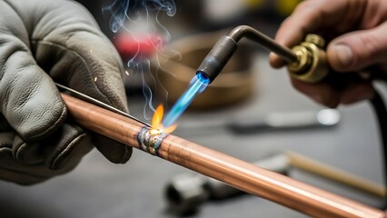 Skilled technician uses a torch to solder the copper pipe connection