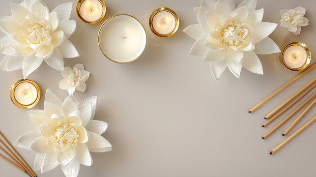 Boun Makha Bucha, White Lotus Flowers and Candles Symbolizing Purity During Boun Makha Bucha Celebration