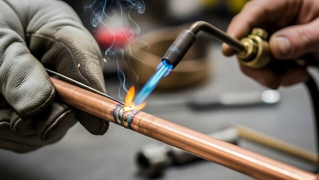 Skilled technician uses a torch to solder the copper pipe connection
