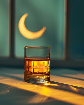 Sunlit glass of amber liquor on wooden surface
