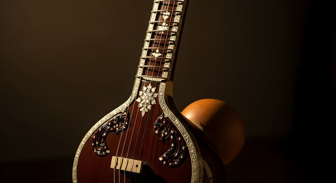 Close up of a traditional sitar musical instrument with intricate white floral inlay details