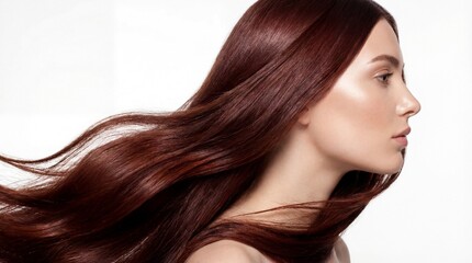 Naklejka premium Stunning profile of a young model with luxurious, flowing burgundy hair and radiant, healthy skin, advertising premium hair care and beauty.