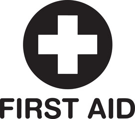 Obraz premium First aid symbol and text on white background medical symbol cross black