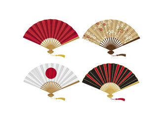 Four Japanese style folding fans with intricate designs, representing traditional art and culture