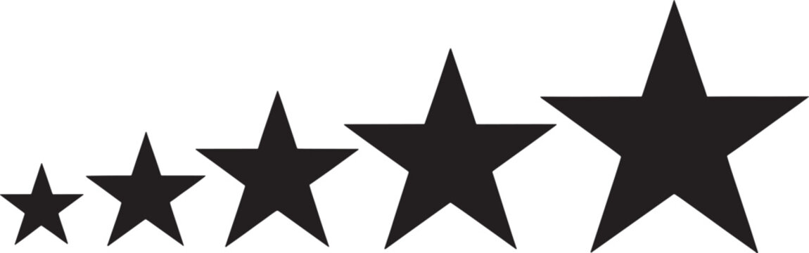 Five black stars of different sizes on a white background star shapes rating symbols desi