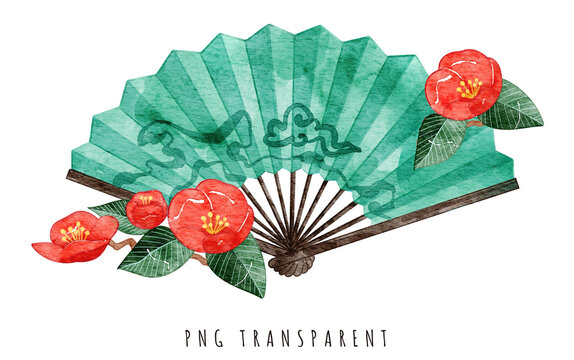Green Chinese paper fan with cloud ornament and plum flower decoration.