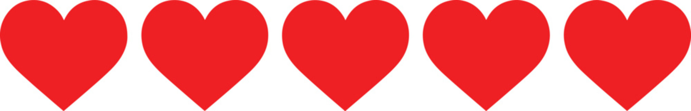Five red heart on white background hearts