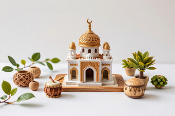 Obraz premium Islamic table decoration miniature small mosque. Ramadan background. 3d rendering.