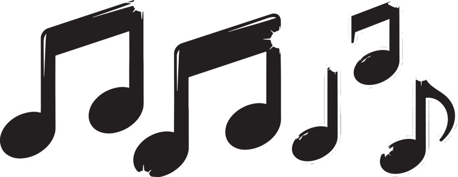 Set of black musical notes with a scratched, grunge effect, vector illustration.