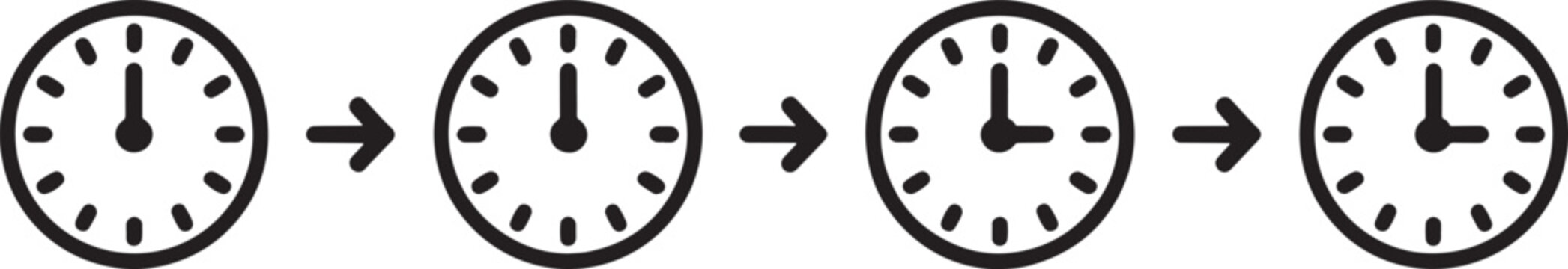 Four clock with hands moving time symbol black white background