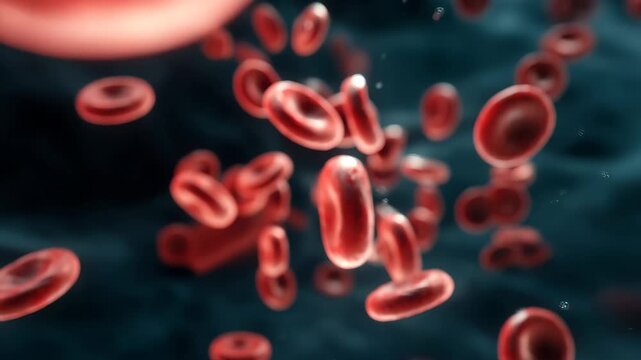 Red blood cells move in human blood stream during a close-up view under a microscope showing various shapes and sizes of the cells in a dark background