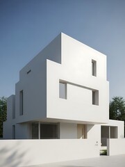 Contemporary white cubic house with minimalist architecture design facade