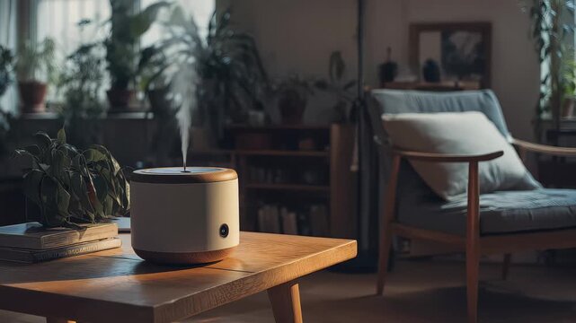 Home interior with a diffuser releasing mist on a wooden table in soft lighting during evening hours