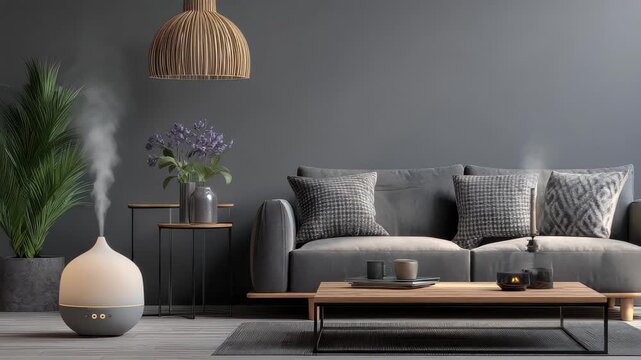 Living room with modern seating arrangement and a diffuser decoration creating a cozy indoor space with plants and flowers