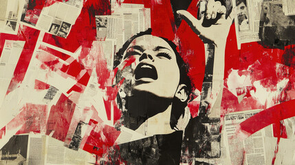 Fototapeta premium A woman's face amidst a collage of newspapers, expressing powerful emotions. The image features a bold use of red and black tones, conveying a sense of intensity and protest AI Generative