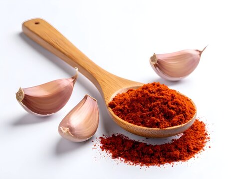 Wooden spoon of red chili powder with sliced garlic on white background