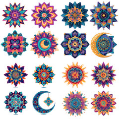 Vibrant mandala style illustration set with stars moons and geometric patterns. Decorative spiritual collection perfect for meditation art posters and creative design.