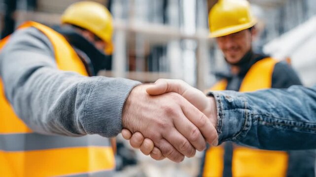 Agreement and Building Trust: A close-up of two construction workers shaking hands on a construction site. It symbolizes partnership, agreement and confidence.