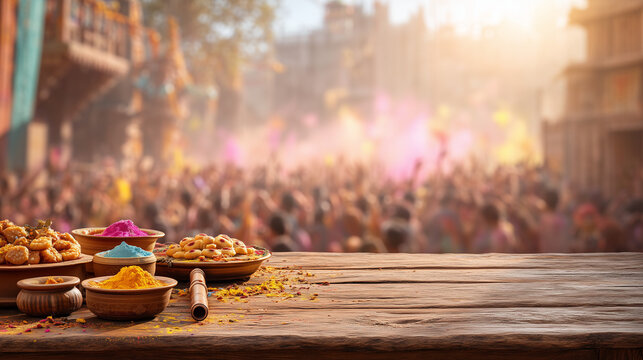 Brij Holi, Traditional Brij Holi sweets and colors on wooden table with festive street celebration background
