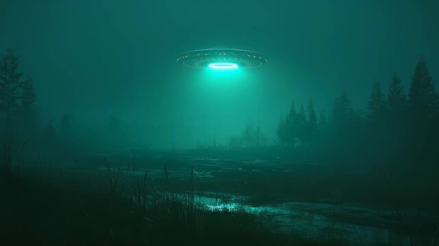 Mysterious object hovers over a dark forest area during night with fog and limited visibility