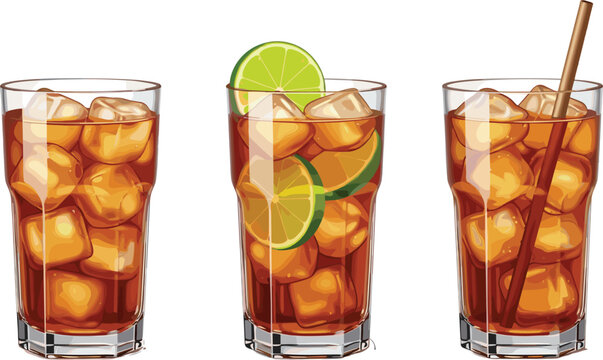 Iced tea glasses vector illustration set with ice cubes, lemon and lime slices, refreshing cold beverage design for summer drinks, cafe menus, and food branding projects