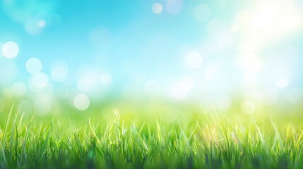 Fototapeta premium Spring green field with easter sky and sun in soft pastel colors, blurred bokeh background illustration showing nature holiday mood, seasonal landscape concept for celebration design