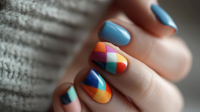 Colorful nail art design with geometric patterns on hand resting on fabric during daylight