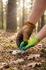 Fototapeta premium Adult and child hands in gloves collaboratively picking up litter from a forest floor, symbolizing environmental cleanup and nature conservation.
