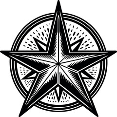 Nautical Compass Star Emblem  Black and White Navigation Symbol Illustration isolated  on White Background.