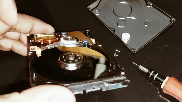 Top down view of disassembled laptop hard disk drive