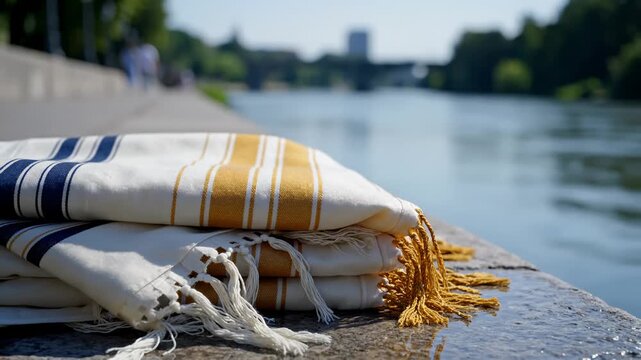 Stack of Tallit Jewish Prayer Shawls on River Embankment