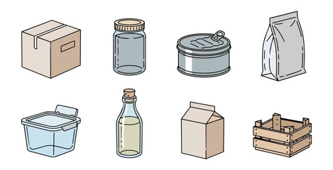 Assortment of packaging containers and food storage objects against a black background