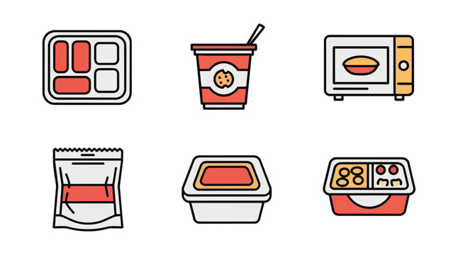 Assortment of prepackaged food icons on a black background