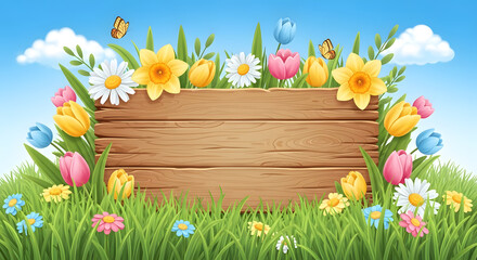 Vibrant flowers and butterflies surround a wooden sign in a lush green meadow under a bright blue sky