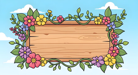 Colorful flowers and vines adorn a wooden sign against a serene blue sky with fluffy white clouds