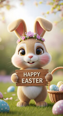 A cute Easter bunny holding a sign with eggs in a garden surrounded by flowers and a wicker basket