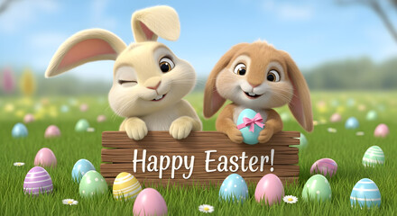 Two adorable Easter bunnies sitting on a wooden sign with colorful eggs in a lush green meadow