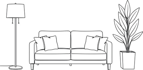 Living room interior line art vector illustration with sofa, floor lamp, and potted plant, minimal home decor outline design for architecture and modern interior projects