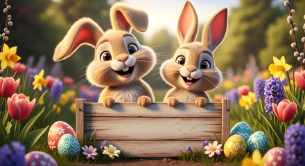 Two cartoon rabbits peeking out of a wooden box amidst vibrant spring flowers in a sunny garden