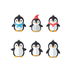 Fototapeta premium Adorable cartoon penguins in various outfits and expressions flat design style.